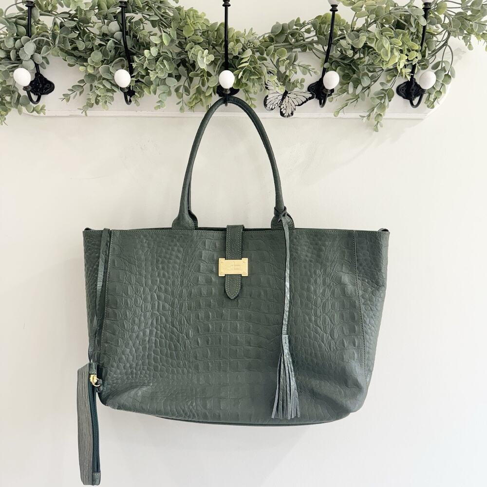 Courage B. Green Croc Embossed Leather Tots Bag And Mini Zippered Pouch